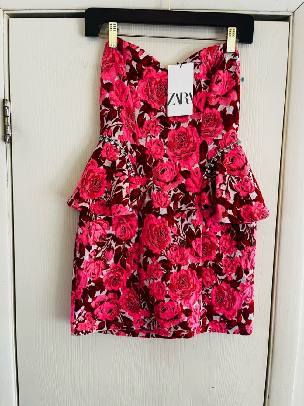 NWT Zara Blogger Mini Cochella Knit Rhinestone Strapless Wedding Guest Dress L